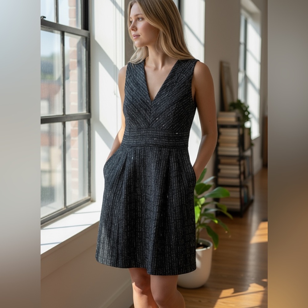 ADAM LIPPES black & gray tweed wool blend sleeveless v neck dress size 10
